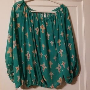 Yahada teal cross print sheer top